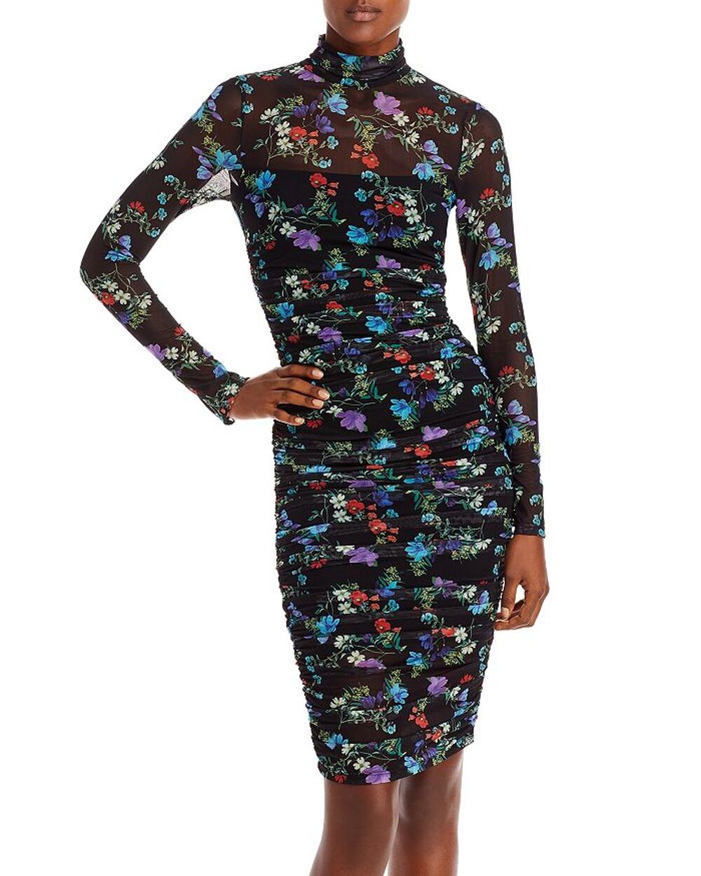 Alice + Olivia Ruched Beautiful Blooms Black Delora Turtleneck Mini Dress Size 6